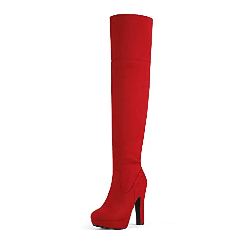 DREAM PAIRS Women's HIGHPLAT Black Chunky Thigh High Over The Knee High Heel Boots 5 Red