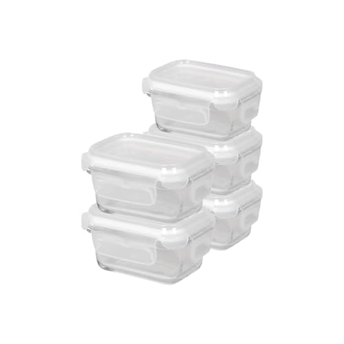 Harbour Housewares 150ml Glass Food Storage Containers with Lids - Clear/White - 5x Small Reusable Airtight Meal Prep Lunch Box Takeaway Cereal Pantry Tubs Set | Safe for Freezer and Microwave
