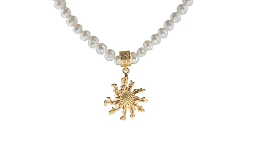 TALISMAN JEWELLERY Colgante en Chapado Oro 3 micras 18k y Circonitas Blancas con Perlas Naturales - Eguzkilore, Flor Vasca (16 MM)