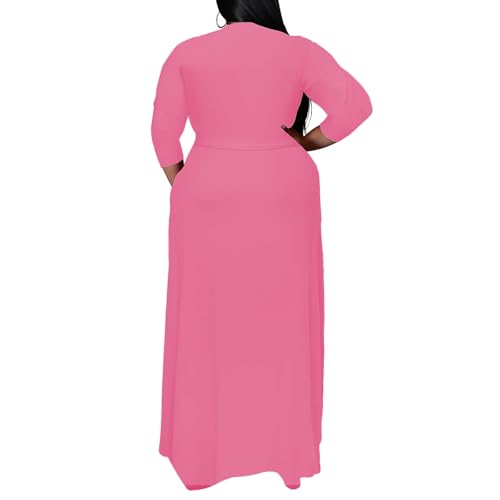 Image of Plus Size Dresses for Women Floral Maxi Dress Flowy 3 /4 Sleeve Oversize Long Dresses with Belt Hot Rose 2XL
