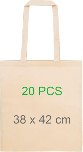 Pack de 20 Bolsas de la compra Totebag en tela de algodón 100% natural, 145 g/m2. Bolsas reutilizables respetuosas con el medio ambiente con asas largas para comercios, tiendas, estampar o dibujar.