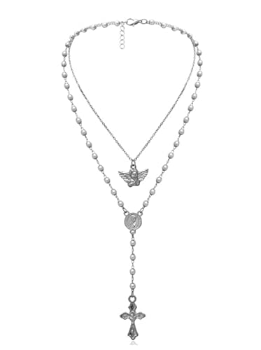 Kercisbeauty Silver Rosary Necklace With Angel Vrigin Mary Gold Cross Necklace For Women Ladies Girls Layered Beads Necklace Jewelry #TOP23