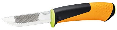 Fiskars Couteau de bricolage pour travaux difficiles, Fourreau avec aiguiseur intégré, 21,9 cm, Noir/Orange/Vert, 1023619