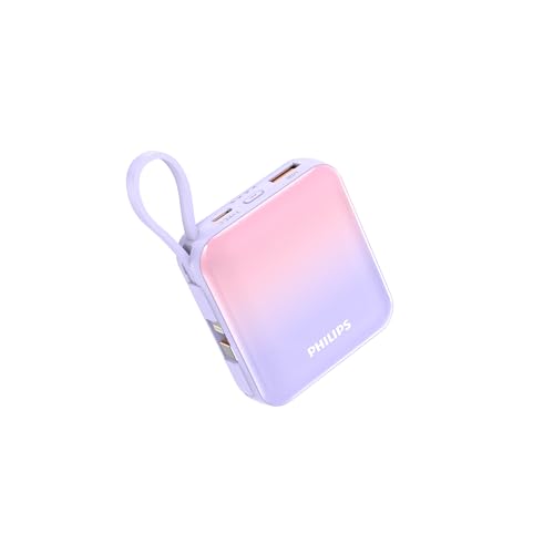 Philips (フィリップス) モバイルバッテリー 10000mAh 大容量 小型 携帯充電器 Lightning type-c ケーブル内蔵 PD 22.5W 急速充電 4台同時充電 スマホ 持ち運び iPhone 16 / 15 Android iPad 各種機器対応 PSE認証済 (ピンク紫)