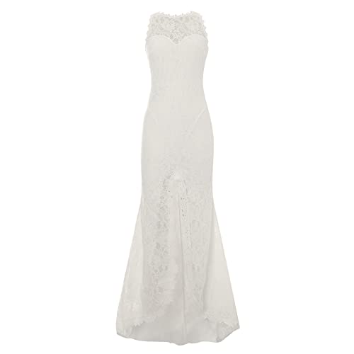 Women's White Floral Lace Slit Mermaid Wedding Dresses for Bride Summer Sleeveless Slim Maxi Long Bridal Gown - Thumbnail 4