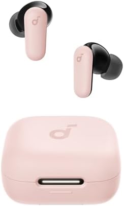 Dois fones de ouvido sem fio na cor rosa e seu estojo de carregamento rosa ao lado