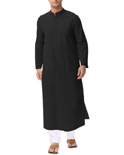 LVCBL Kaftan for Men Long Sleeve Caftan Thobe Side Split Muslim Robe Button Down Long Gown Tunic Shirts