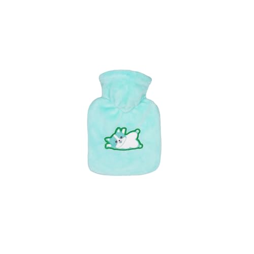 Hugo Frosch Mini-Wärmflasche 0,2l – Made in Germany – mit kuscheligem Velourbezug Mintgrün und aufgestickter Katze – kleine, auslaufsichere Bettflasche für unterwegs