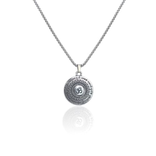 Yellow Chimes Om Mantra Silver Oxidised Pendant Neckchain for Men & Women | Spiritual Om Symbol Mantra Engraved Pendant with Rolo Chain | Religious Unisex Fashion Jewelry | Best for Birthday & Gifting Deal