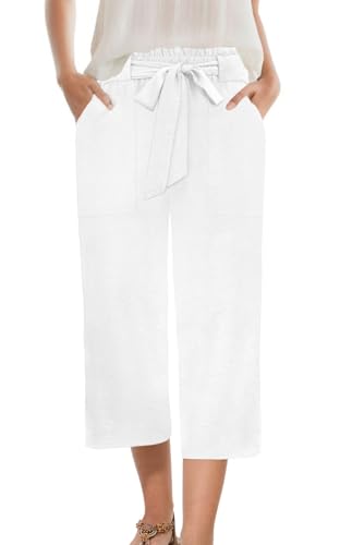 Womens Wide Leg Capri Pants Summer High Waisted Pants Drawstring Casual Loose Trousers with Pockets