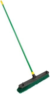 Quickie Bulldozer 24-Inch Multi-Surface Push Broom, Size: 60 Wood Handle with Swivel Hang-up Feature. 15/16-inch Diameter Handle, Green - with Scraper