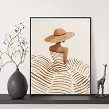 BMGKYAGL Minimalistyczny plakat na płótnie "Kobieta z kapeluszem przeciwsłonecznym", neutralny beżowy obraz ścienny w stylu bohemy do sypialni i salonu (30 x 45 cm/rama wewnętrzna)