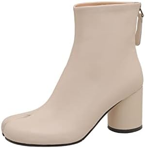 LTLWSH Autumn and Winter Women's Thick Heel Split Toe Booties, High-Heel Martin Boots, Simple Nude Boots and Ankle Boots,Offwhite,4.5