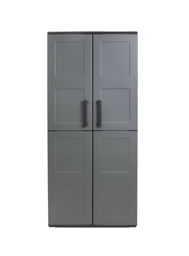 Image of Dmora Clavier Outdoor, Balcony, Multi-Purpose Cabinet with Shelves, 100% Made in Italy, 68 x 37 x 163 cm, Grey and Black, Square Finish