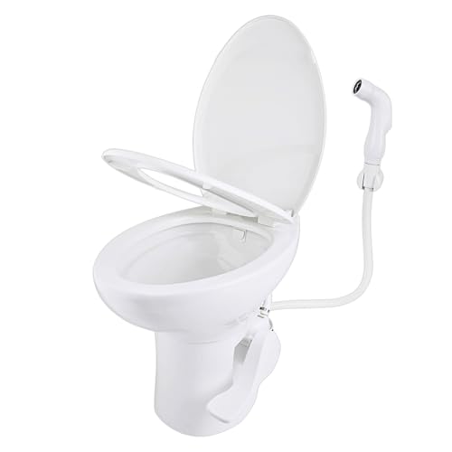 SEAFLO Ceramic Residential Height Camper/RV Toilet with Sprayer Attachment & Elongated Ceramic Bowl, 19” Standard Height, Gravity Flush System, Foot Pedal Operation, Soft Close Seat, 4-Year Warranty