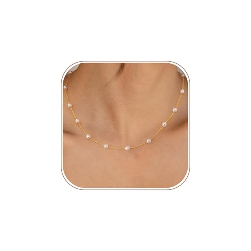 Sewyer Dainty Gold Pearl Necklace for Women 14K Gold Plated Minimalist Pearl Chain Necklace Classic...