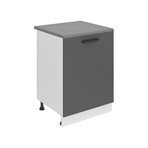 Belini Unterschrank Küche, Küchenunterschrank 60 cm Breite. SD Küchenunterschrank mit Arbeitsplatte. Küchenschrank mit 1 Tür, Silber matt Cover