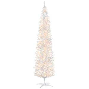 HOMCOM 8' Tall Pre-Lit Slim Noble Fir Artificial Christmas Tree with 300 Warm White LED Lights and 618 Tips, for Christmas Decoration, White HOMCOM 8 Tall Pre Lit Slim Noble Fir Artificial Christmas Tree with 300 Warm White LED Lights and 618 Tips for Christmas Decoration White