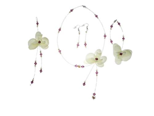 Bijoux mariage orchidée prune parure cristal ivoire artisanale