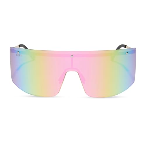 DIFF Sport Grandslam Designer Oversized Shield Sunglasses for women Polarized protection, Gold + Sherbert Rainbow Mirror3