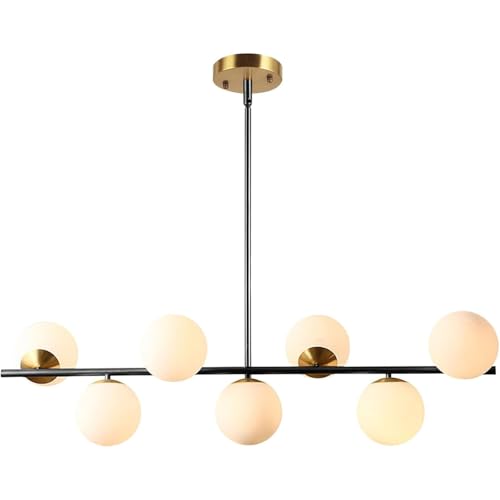 KCO Illuminazione Nero e Ottone Lineare Lampada a Sospensione Mid Century Moderno Sputnik Lampadario 7 Luci Vetro Latte Globo Cucina Isola Illuminazione a sospensione per Sala da pranzo Soggiorno