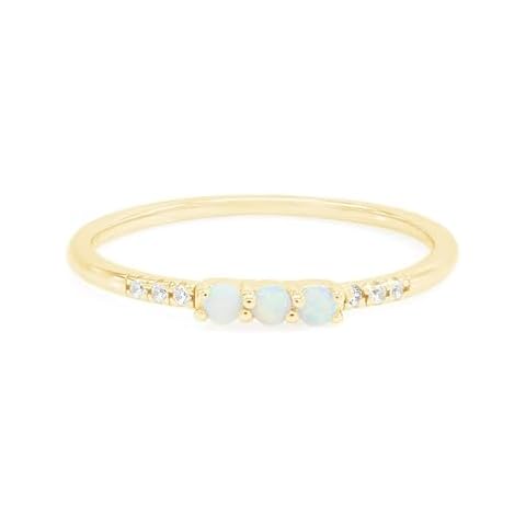 Dainty Stackable Three Round Shape Stone, Synthetic Opal Wedding Bridal Engagement Ring Band for her in 14K Yellow Gold Over Sterling Silver, Jewelry Gift For Her Size - 6.5 Cover