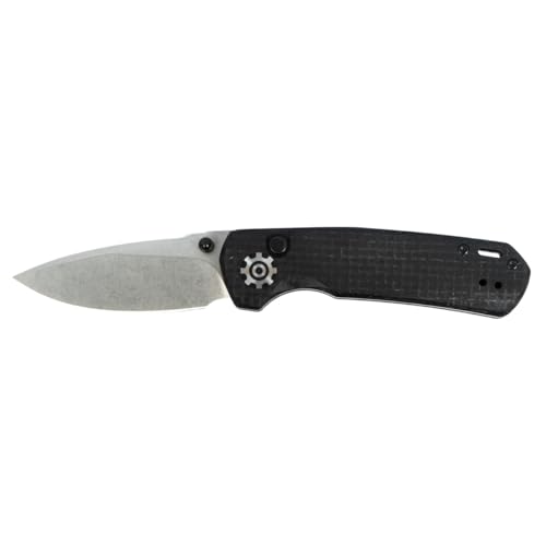 704 Gear Dynamo | EDC Folding Pocket Knife with Ambidextrous Thumb Studs and Button Lock | 2.7" Blade, 14C28N Steel with Stonewash Finish, Reversible Pocket Clip | Black Micarta