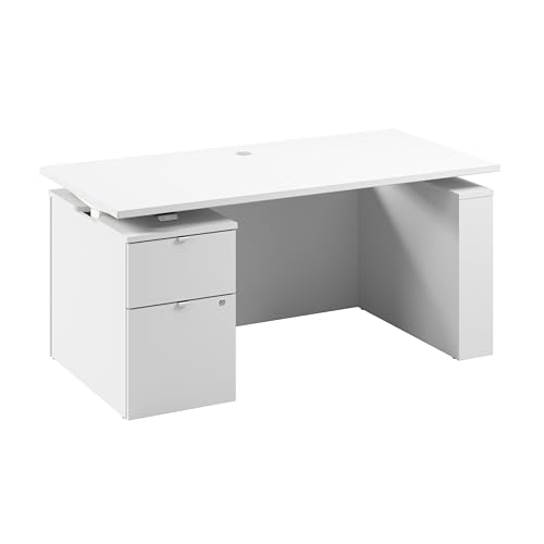 Image of Bush Business Furniture 60-inch Electric Height Adjustable Standing Desk with File Cabinet, Ergonomic Sit-Stand Computer Table for Office, Stratus Collection, White with White Base