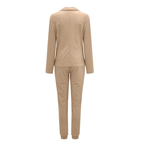 Women's Two-Piece Lapels Set Office Business Long Sleeve Formal Jacket Pant Suit Slim Fit Trouser Women's Clothing, Khaki #TOP7