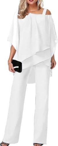 Vestidos de Novia Transpirables de Dos Piezas de Primavera y otoño para Mujer Traje de Trabajo para Fiesta de Boda Traje Informal de Gasa Irregular Conjunto de Pantalones Anchos (Blanco,L)