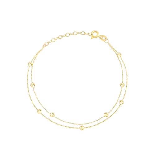 Gelin Beaded Station Bracelet in 14K Solid Gold | 14k Gold Layering Bracelet for Women | Double Strand Link Bracelet | 6+1 inch Adjustable Solid Gold Chain