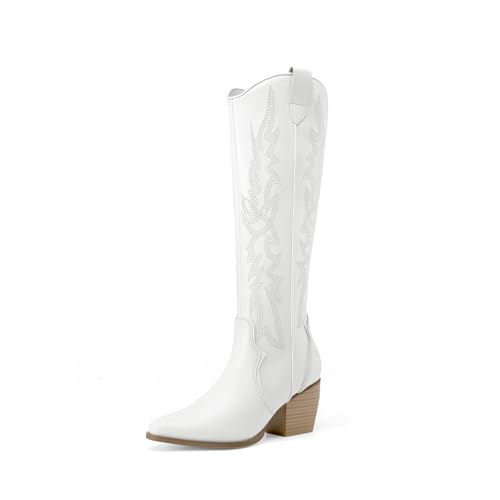 DREAM PAIRS Womens Cowboy Boots Wide Calf Comfortable Pull On Zipper Chunky Heel Pointed Toe Embroidered Western Cowgirl Knee High Boots Ladies Retro