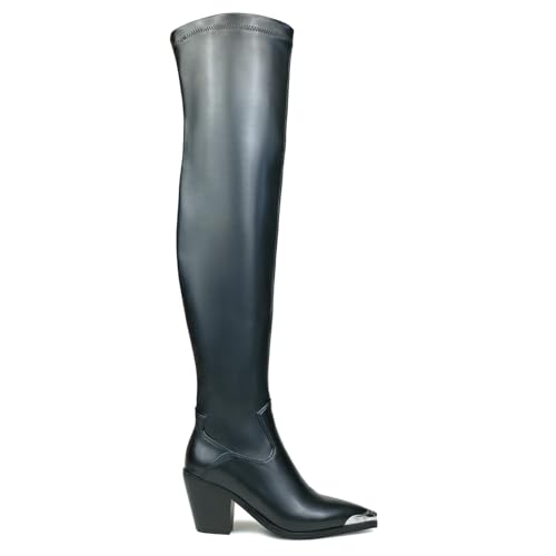 HiColor Womem's Pointed Toe Fashion Thick Heels Thigh High Boots Ladies Elastic Side Zippers Long Boots
