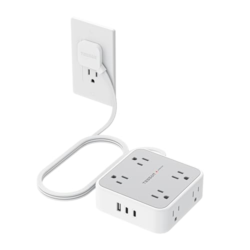 Image of TESSAN Surge Protector Power Strip, 5 Ft Flat Plug Extension Cord with 3 USB (2 USB C) 8 Outlets, 900J Protection, 3 Sided Outlet Extender with Power Switch for Office, Dorm Room, Grey