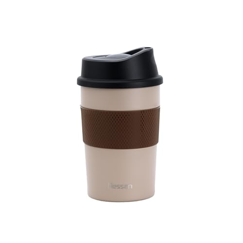 Nessan Beige Insulated Travel Mug 360ml - Double Wall High Vacuum Stainless Steel Coffee Cup with Leak-Proof Lid & Anti-Slip Silicon Grip