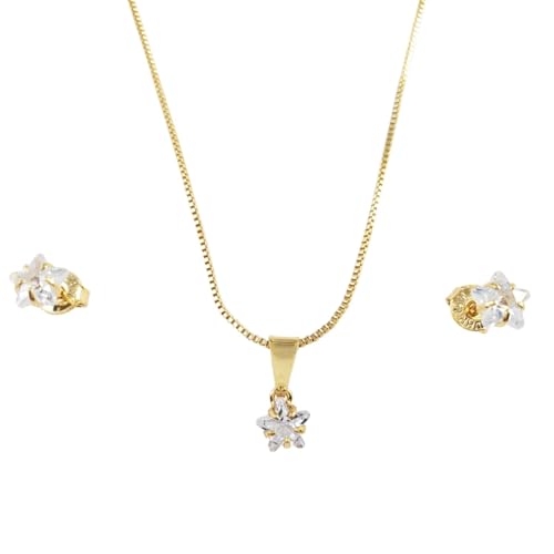 Conjunto Feminino Ponto de Luz Estrela Choker Colar e Brinco Zircônia Banhado Ouro 18k Joias Elegantes (Dourado)