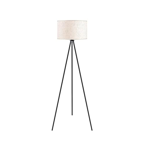 Lightsup Online Reynaldo Tripod Floor Lamp, 150cm Black Iron Stand with Beige Linen Drum Shade, E27 Bulb Base, Farmhouse Style Standing Lamp for Living Room, Bedroom, Bedside Lamp, Corner Lamp