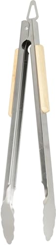Galvog® Kitchen Tongs Stainless Steel 37cm with Heat Resistant Wooden Grip Non Slip Handle BBQ Tongs for Grilling Cooking Barbecue Indoors/Outdoors