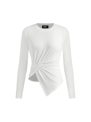 CIDER Long Sleeve Tops for Women Trendy Crew Neck Asymmetrical Hem Ruched Twist Front Going Out Tops Spring Fall Fashion
