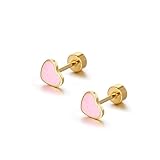 18g Titanium Heart Love Earrings for Women Girls 14k Gold Plated Stainless Steel Hypoallergenic Cute Tiny Sequins Stud Cartilage Tragus Screw Back Post Piercing Sensitive Ear (Pink)