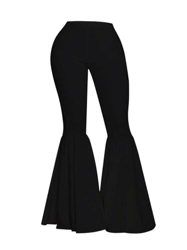 SOLY HUX Women's Plus Size Flare Pants Elastic Waist Ruffle Bell Bottom Pants Long Trousers Pure Black X-Large Plus