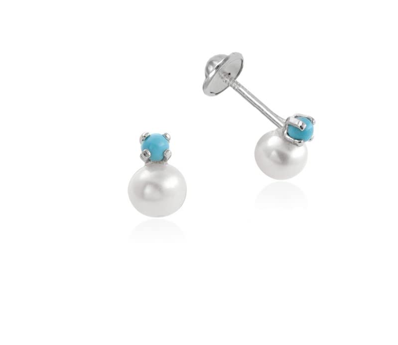 Turmalina - Pendientes bebe niña tu y yo de Plata de Ley 925, pendientes con perla y turquesa, tamaño de 5 x 7,5, de la marca de joyería Turmalina by Martina