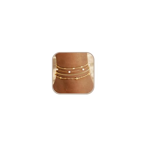 Image of LOYALLOOK Ankle Bracelets for Women Waterproof, 14K Gold Plated Cuban Figaro Link Chain Beaded Anklets Set, Dainty Layered Anklets for Women Non Tarnish Summer Beach Foot Jewelry Adjustable Size