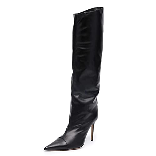 Image of Arqa Knee High Boots for Women Wide Calf 4 in Stiletto High Heel Metallic Boots Winter Chrome Zipper Long Boots Dressy Party Shoes