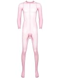Venjoe Men's Sheer See Through Full Body Stockings Tights Skinny Open Penis Pantyhose Bodysuit Pink OneSize