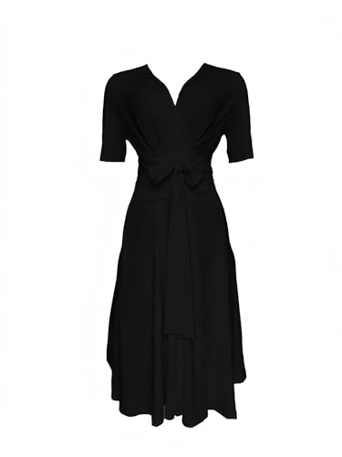 Image of Comfortable Dresses for Women Stretchy Flattering Fit Wrap Dress V Neck Short Sleeve Tie Waist Daily Wear Work Vacation