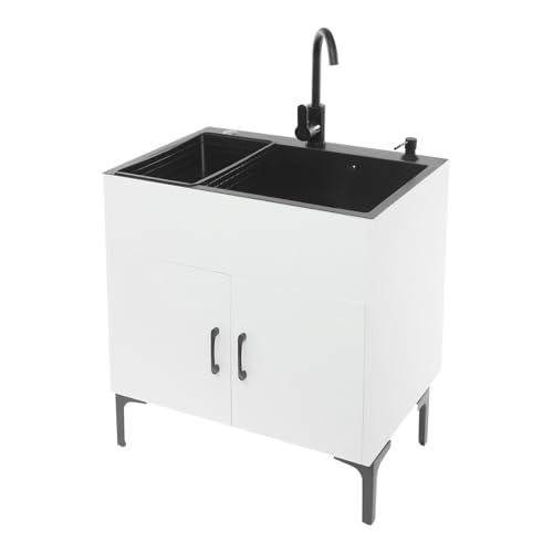 LENDISIY Lavello da cucina autoportante con base e rubinetto, lavello in acciaio inox con mobiletto, lavello in acciaio inox con 1 vasca, lavello per ristorante, cucina domestica (bianco+nero)