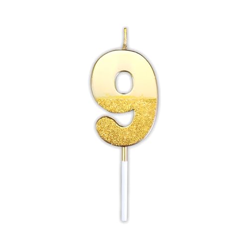 Image of Birthday Number Candles 9 for Kids Cake Topper Decoration Sparkle Gold Metallic Drip-Resistant Candles for Wedding Anniversary Graduation Retirement Nineth Year Celebration Size 5 x 3.5 cm