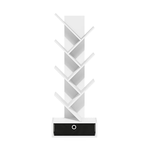 Image of Furinno Tree Book Shelf, 7-Tier Bookshelf, Tree Bookcase with Bin Drawer, 8.4 x 16.9 x 46.2, for Living Room, Bedroom, Home Office, White /Black