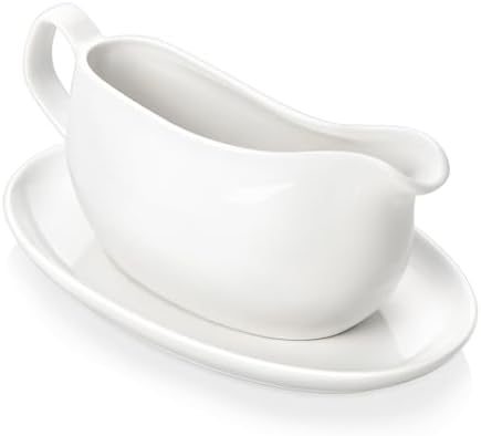 MALACASA 14 oz Gravy Boat with Saucer Stand, Porcelain Sauce Boat with Tray for Salad Dressings, Creamer, Broth, Milk, Ergonomic Handle, Microwave & Dishwasher Safe (White)
